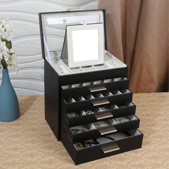 Jewelry Box for Women, Black 6 Layer Large Jewelry Organizer with Glass Lid for - Picture 2 of 7